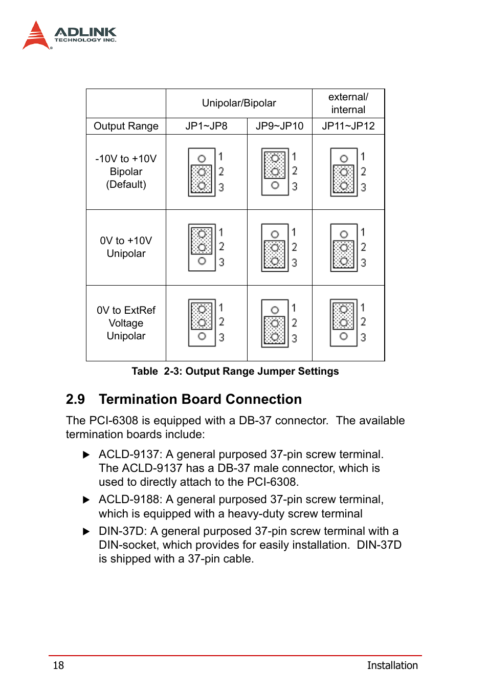 9 termination board connection, Termination board connection, Table 2-3: output range jumper settings | ADLINK PCM-6308V+ User Manual | Page 28 / 52