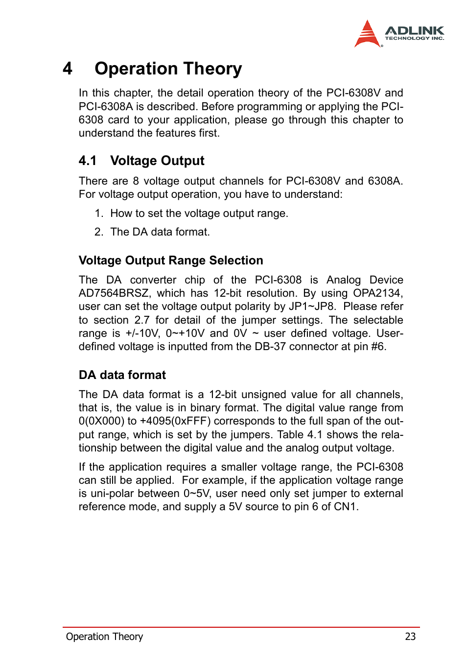 4 operation theory, 1 voltage output, Voltage output range selection | Da data format, Voltage output, Voltage output range selection da data format, 4operation theory | ADLINK PCM-6308V+ User Manual | Page 33 / 52