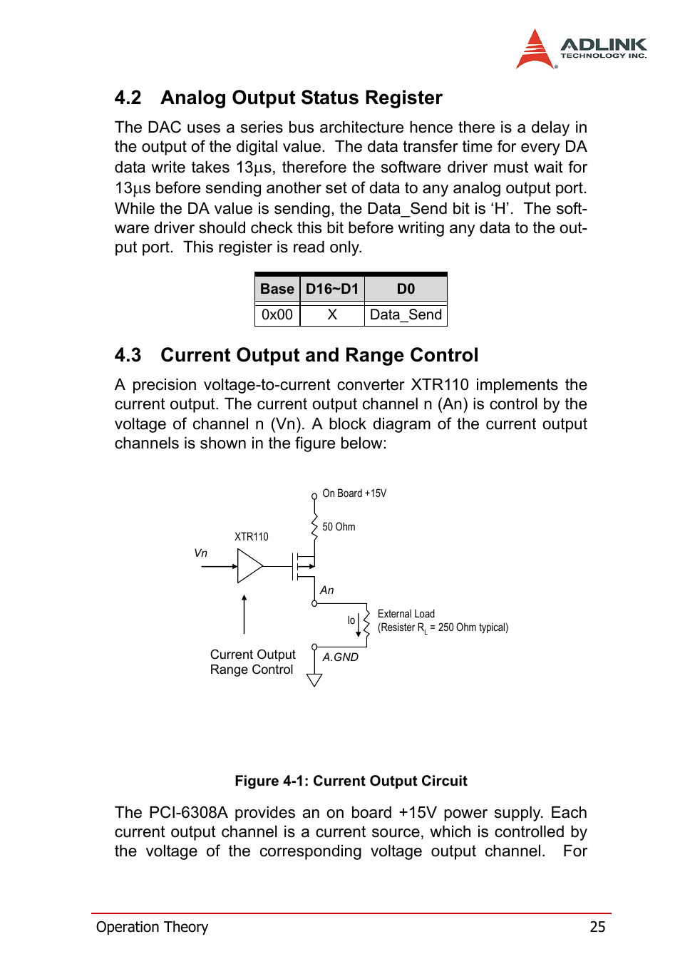 2 analog output status register, 3 current output and range control, Analog output status register | Current output and range control, Figure 4-1: current output circuit | ADLINK PCM-6308V+ User Manual | Page 35 / 52