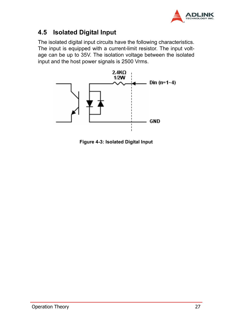 5 isolated digital input, Isolated digital input, Figure 4-3: isolated digital input | ADLINK PCM-6308V+ User Manual | Page 37 / 52