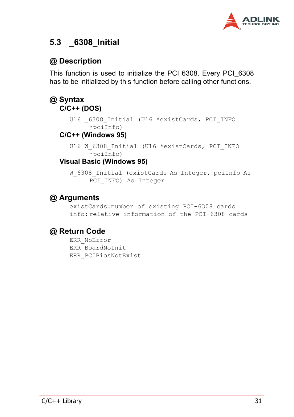 3 _6308_initial, Description, Syntax | Arguments, Return code, 6308_initial, Description @ syntax @ arguments @ return code | ADLINK PCM-6308V+ User Manual | Page 41 / 52
