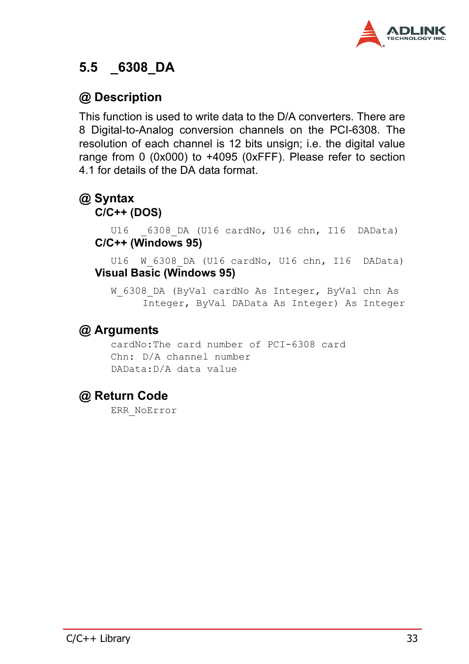 5 _6308_da, Description, Syntax | Arguments, Return code, 6308_da, Description @ syntax @ arguments @ return code | ADLINK PCM-6308V+ User Manual | Page 43 / 52