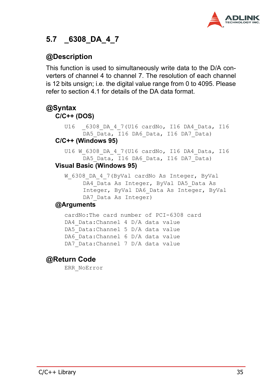 7 _6308_da_4_7, Description, Syntax | Return code, 6308_da_4_7, Syntax @return code | ADLINK PCM-6308V+ User Manual | Page 45 / 52