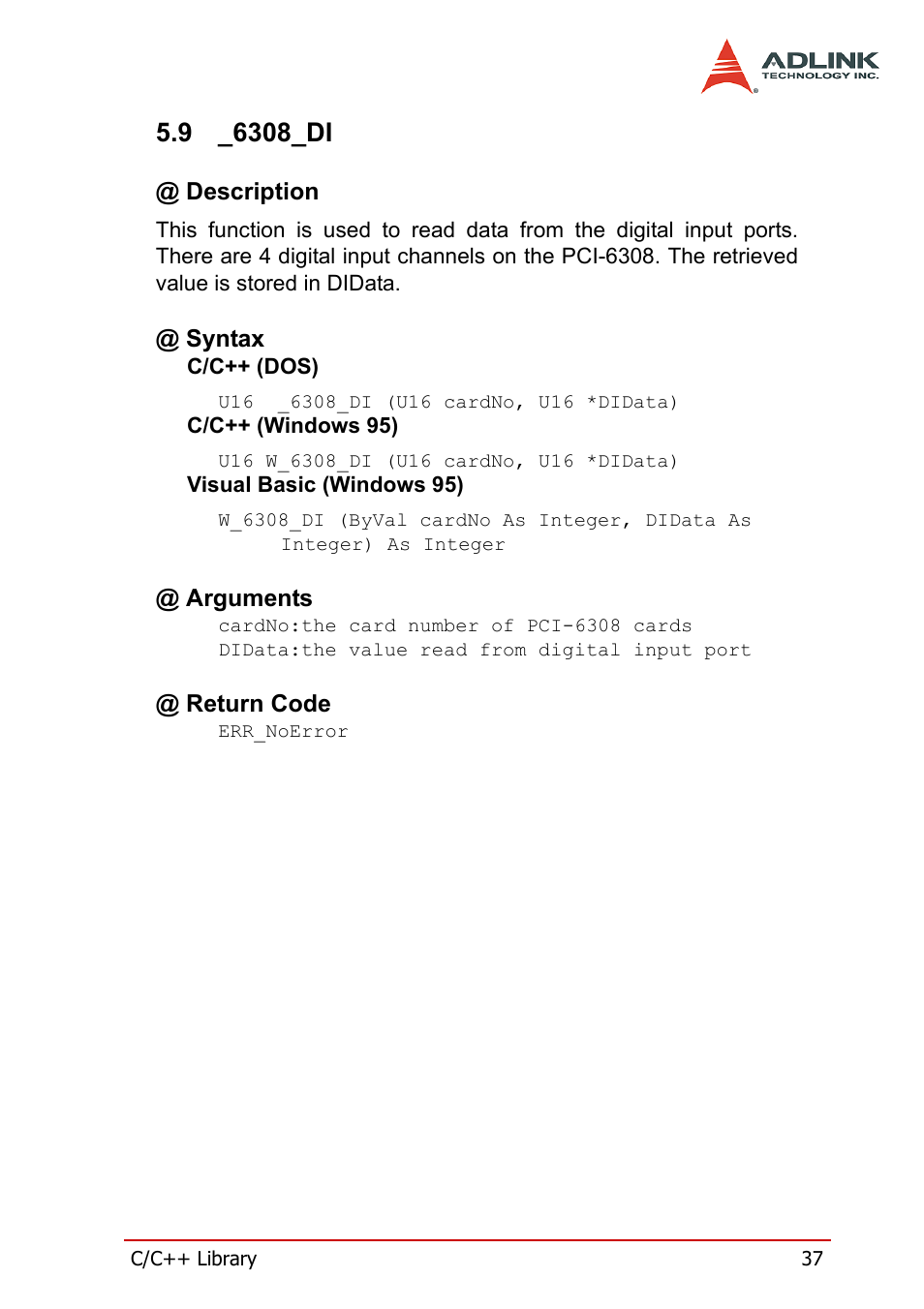9 _6308_di, Description, Syntax | Arguments, Return code, 6308_di, Description @ syntax @ arguments @ return code | ADLINK PCM-6308V+ User Manual | Page 47 / 52