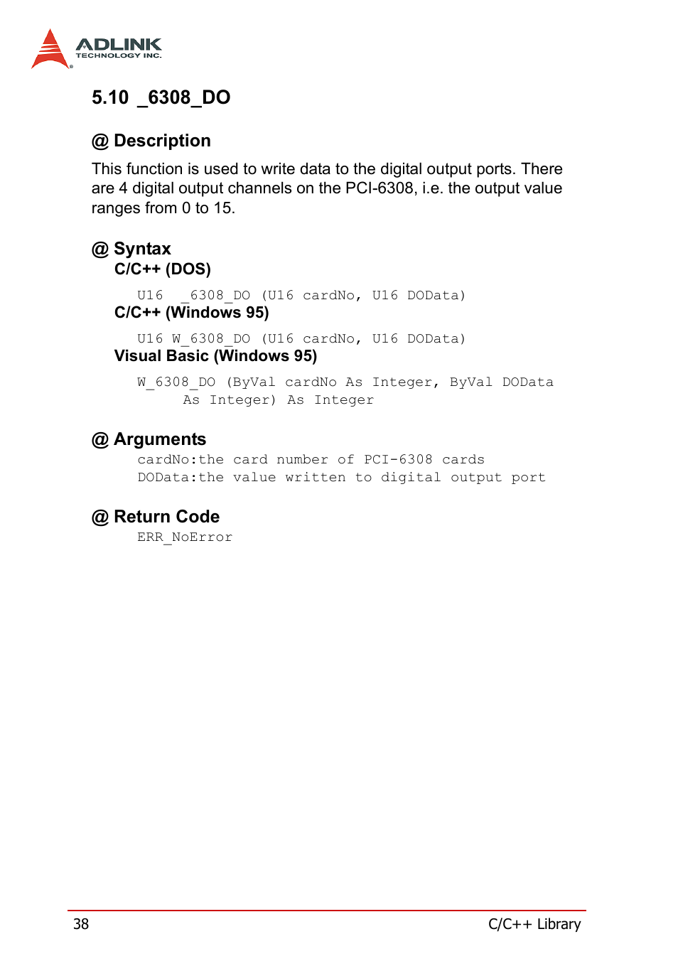 10 _6308_do, Description, Syntax | Arguments, Return code, Description @ syntax @ arguments @ return code | ADLINK PCM-6308V+ User Manual | Page 48 / 52