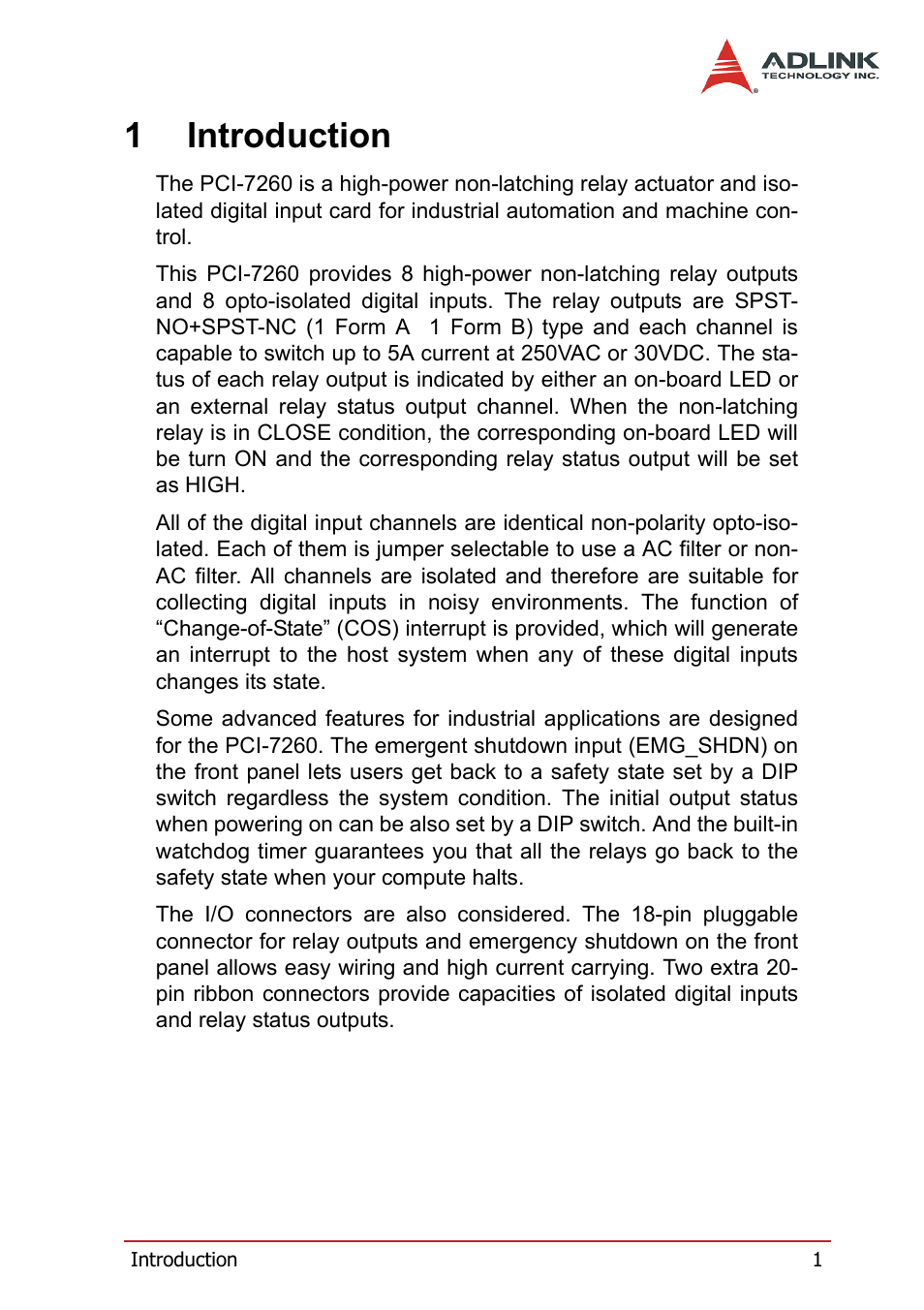 1 introduction, 1introduction | ADLINK PCI-7260 User Manual | Page 11 / 66