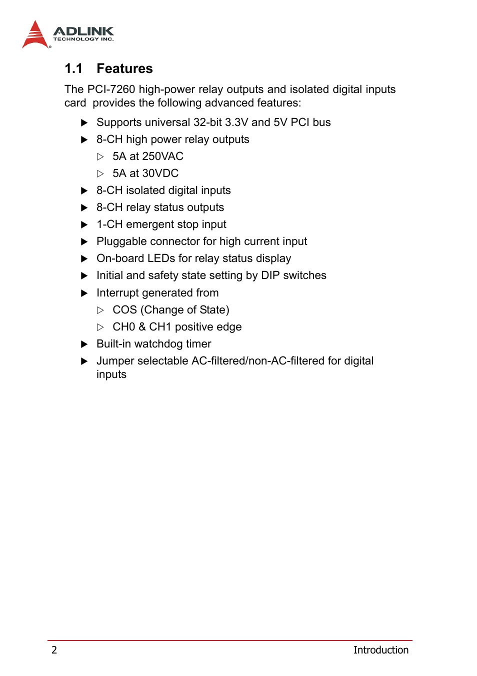 1 features, Features | ADLINK PCI-7260 User Manual | Page 12 / 66