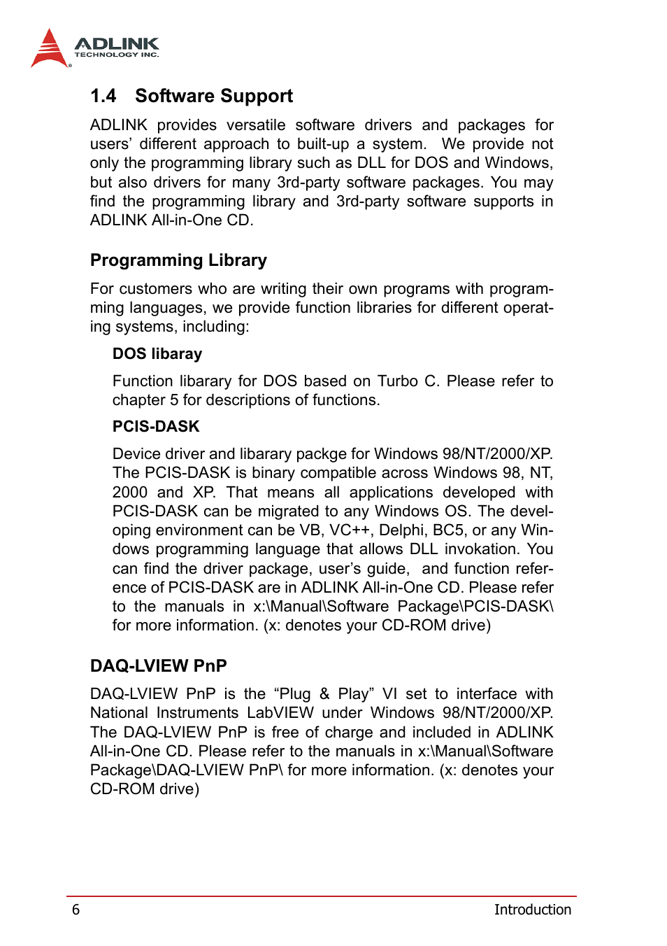 4 software support, Programming library, Daq-lview pnp | Software support, Programming library daq-lview pnp | ADLINK PCI-7260 User Manual | Page 16 / 66