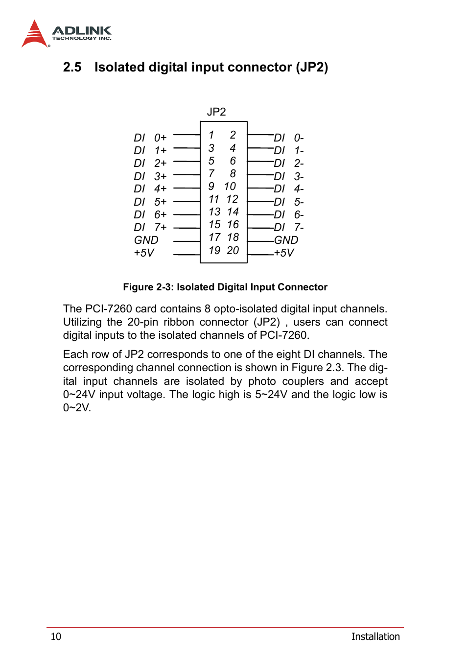 5 isolated digital input connector (jp2), Isolated digital input connector (jp2), Figure 2-3: isolated digital input connector | ADLINK PCI-7260 User Manual | Page 20 / 66