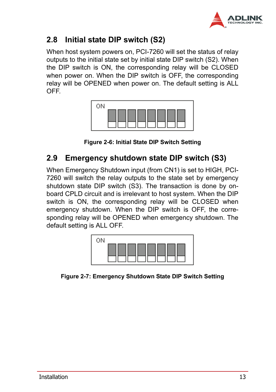 8 initial state dip switch (s2), 9 emergency shutdown state dip switch (s3), Initial state dip switch (s2) | Emergency shutdown state dip switch (s3) | ADLINK PCI-7260 User Manual | Page 23 / 66