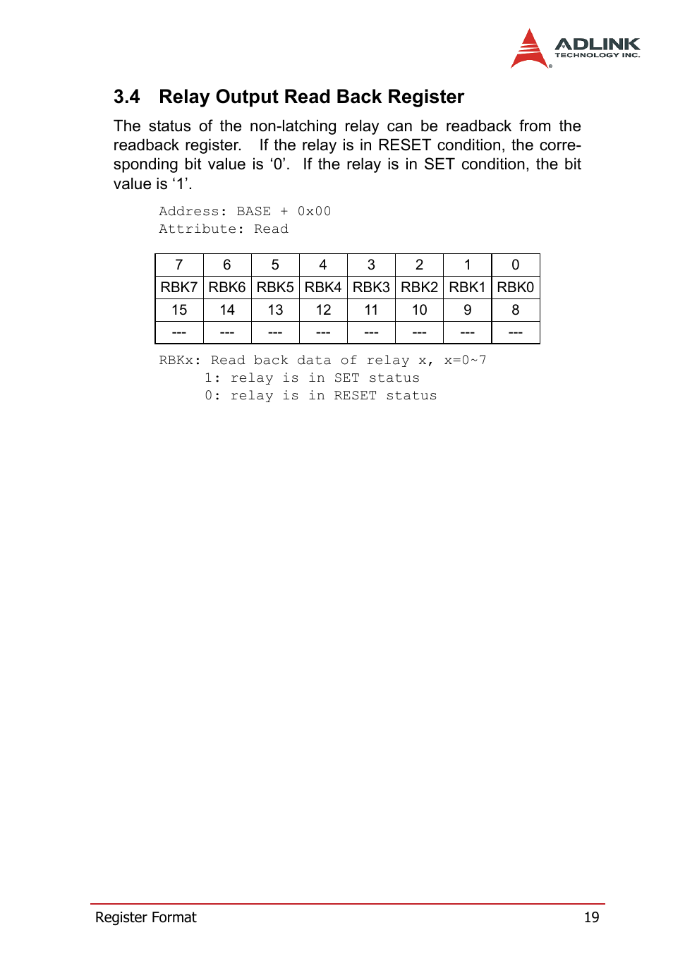 4 relay output read back register, Relay output read back register | ADLINK PCI-7260 User Manual | Page 29 / 66