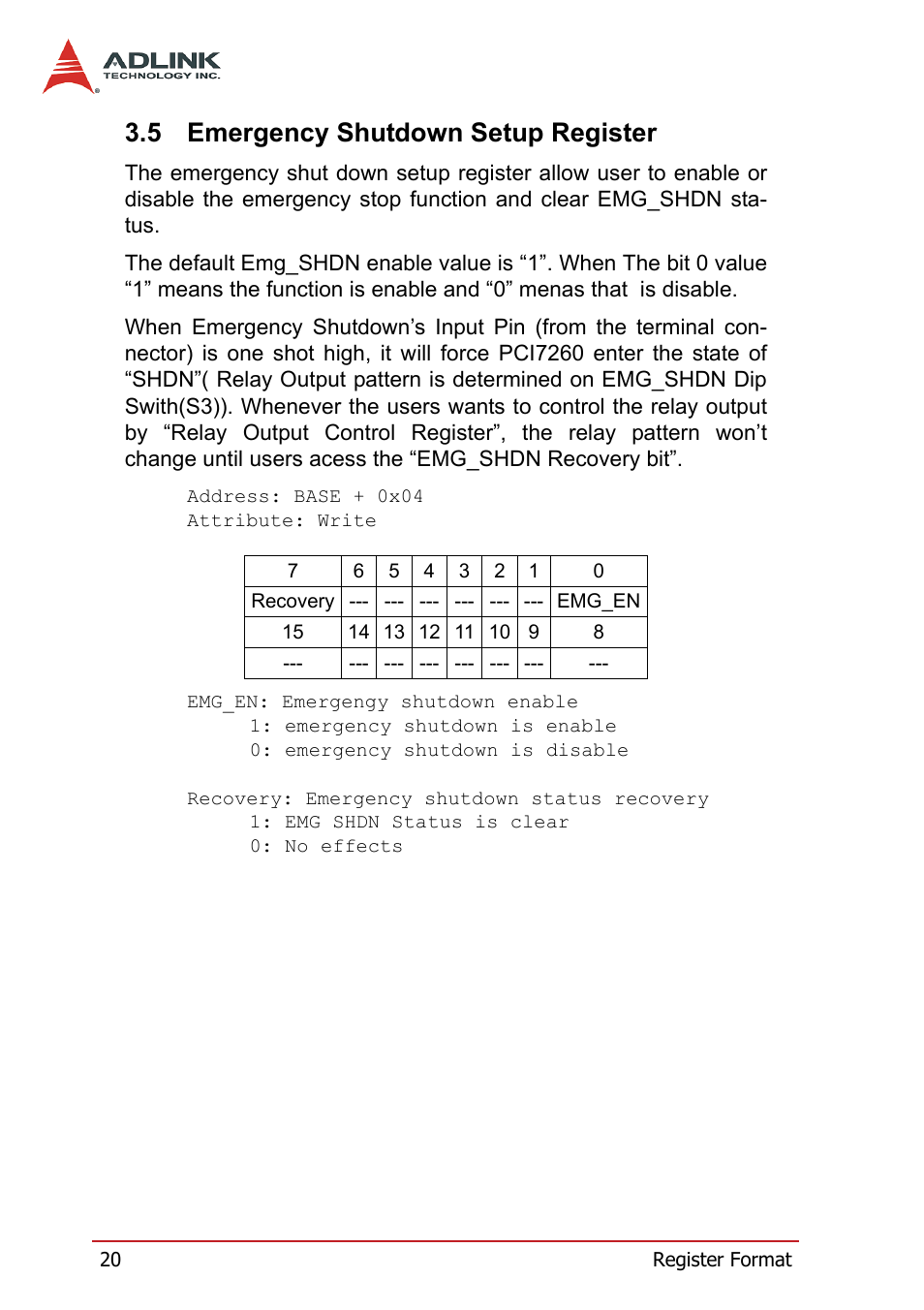 5 emergency shutdown setup register, Emergency shutdown setup register | ADLINK PCI-7260 User Manual | Page 30 / 66