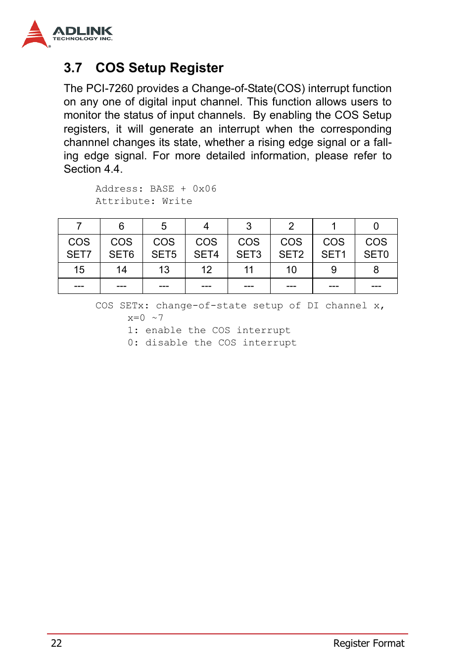 7 cos setup register, Cos setup register | ADLINK PCI-7260 User Manual | Page 32 / 66