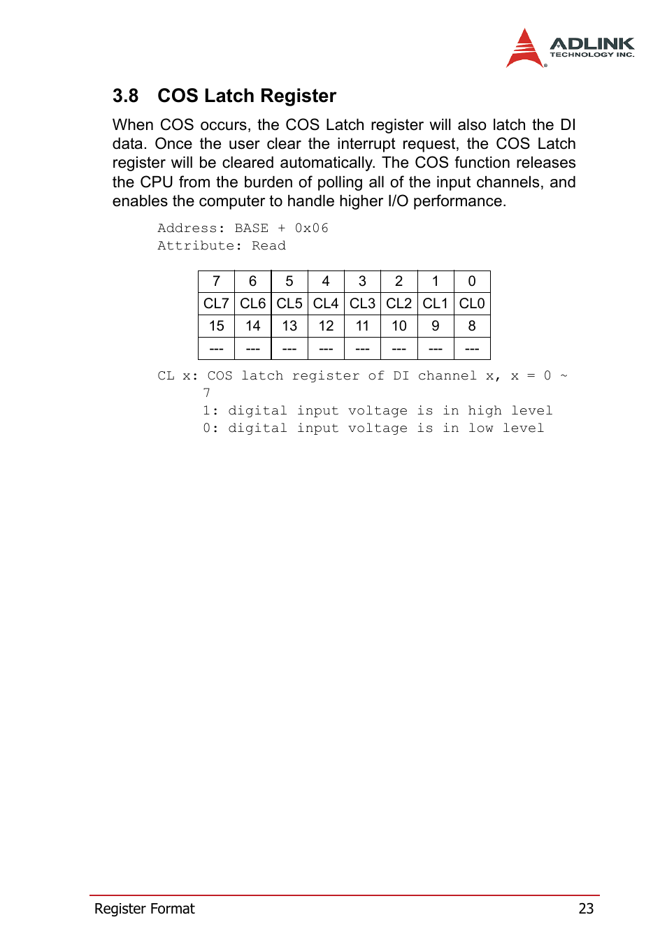 8 cos latch register, Cos latch register | ADLINK PCI-7260 User Manual | Page 33 / 66