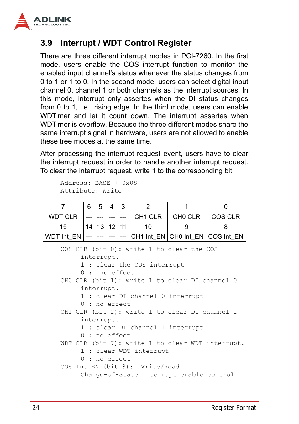 9 interrupt / wdt control register, Interrupt / wdt control register | ADLINK PCI-7260 User Manual | Page 34 / 66