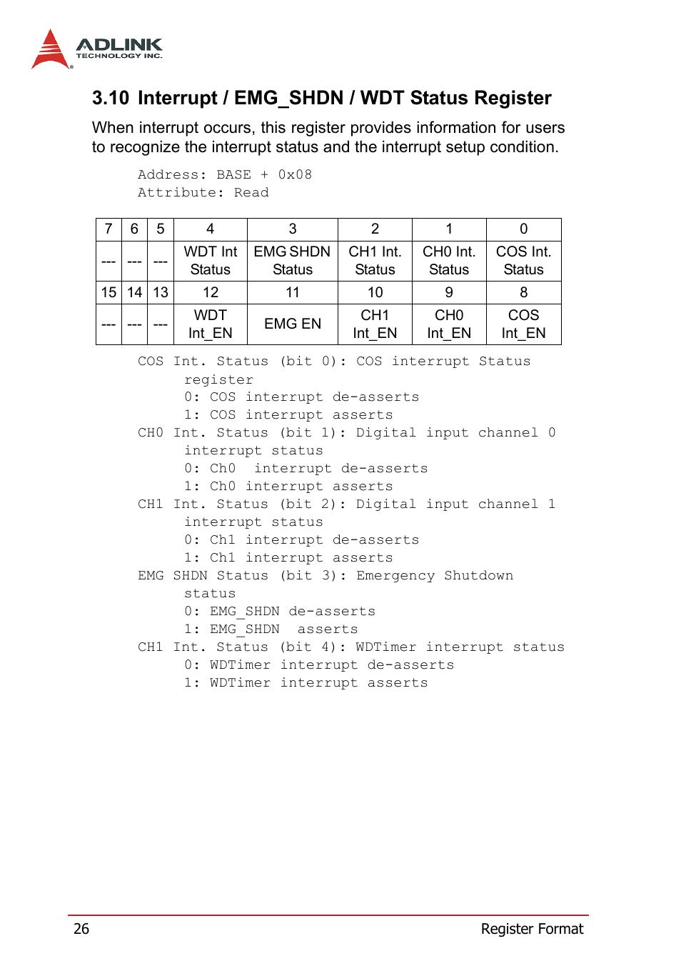 10 interrupt / emg_shdn / wdt status register | ADLINK PCI-7260 User Manual | Page 36 / 66
