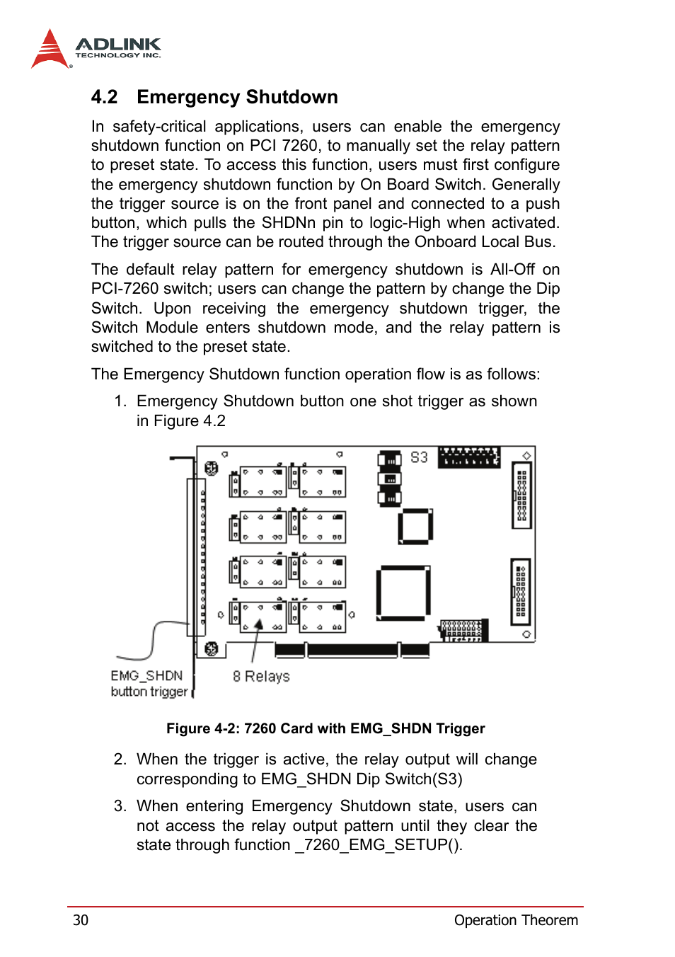 2 emergency shutdown, Emergency shutdown, Figure 4-2: 7260 card with emg_shdn trigger | ADLINK PCI-7260 User Manual | Page 40 / 66