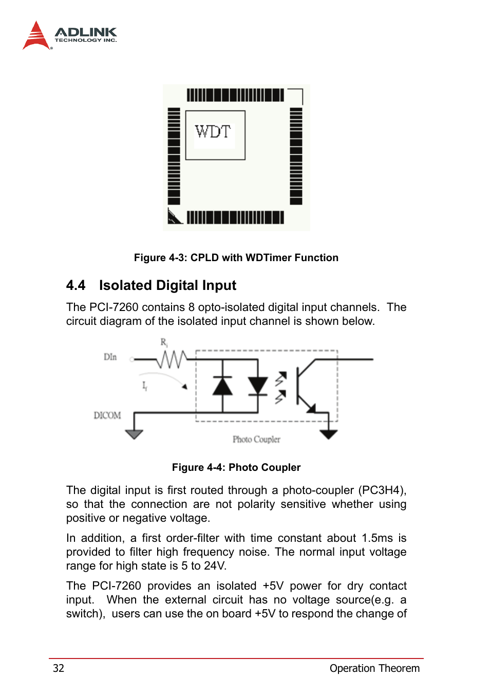 4 isolated digital input, Isolated digital input | ADLINK PCI-7260 User Manual | Page 42 / 66