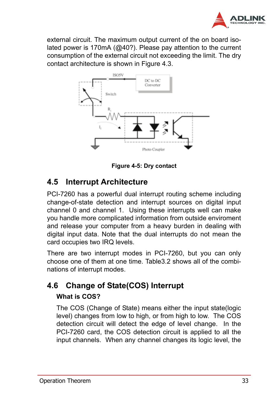 5 interrupt architecture, 6 change of state(cos) interrupt, Interrupt architecture | Change of state(cos) interrupt, Figure 4-5: dry contact | ADLINK PCI-7260 User Manual | Page 43 / 66