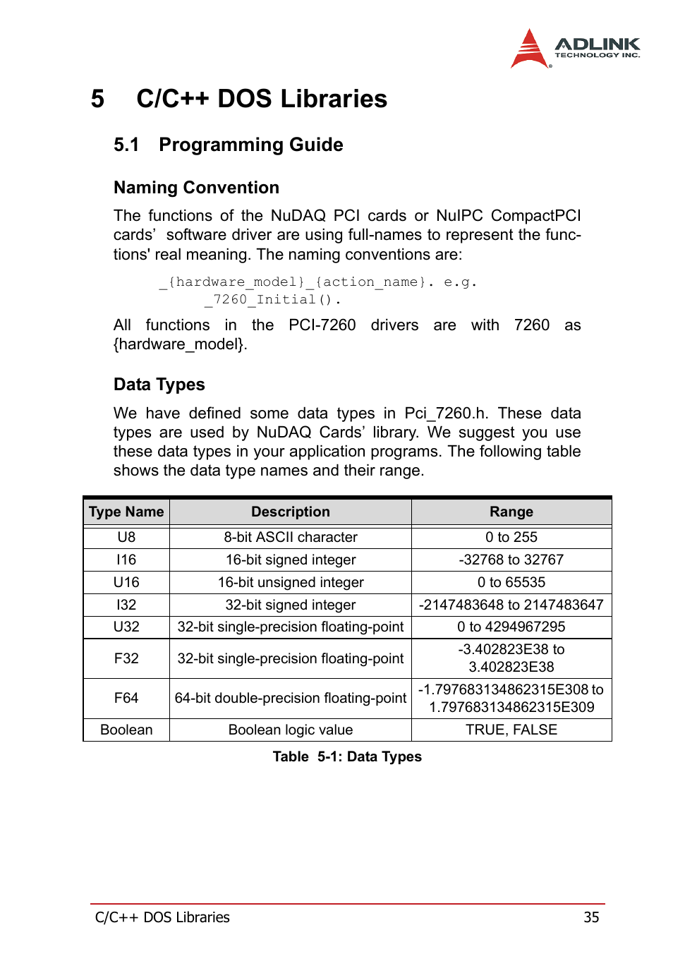 5 c/c++ dos libraries, 1 programming guide, Naming convention | Data types, Programming guide, Naming convention data types, Table 5-1: data types, 5c/c++ dos libraries | ADLINK PCI-7260 User Manual | Page 45 / 66