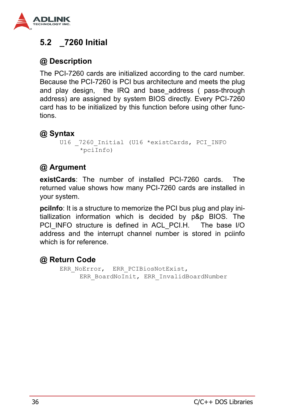 2 _7260 initial, Description, Syntax | Argument, Return code, 7260 initial, Description @ syntax @ argument @ return code | ADLINK PCI-7260 User Manual | Page 46 / 66