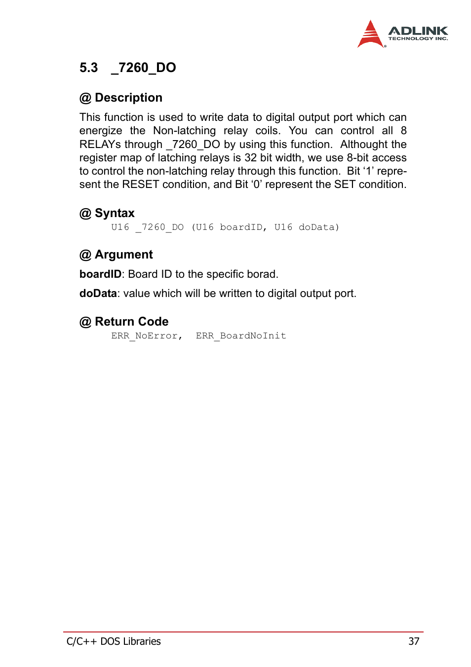 3 _7260_do, Description, Syntax | Argument, Return code, 7260_do, Description @ syntax @ argument @ return code | ADLINK PCI-7260 User Manual | Page 47 / 66