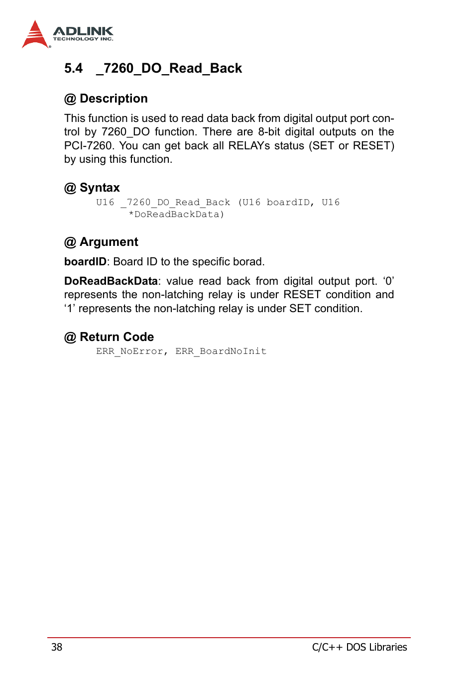 4 _7260_do_read_back, Description, Syntax | Argument, Return code, 7260_do_read_back, Description @ syntax @ argument @ return code | ADLINK PCI-7260 User Manual | Page 48 / 66