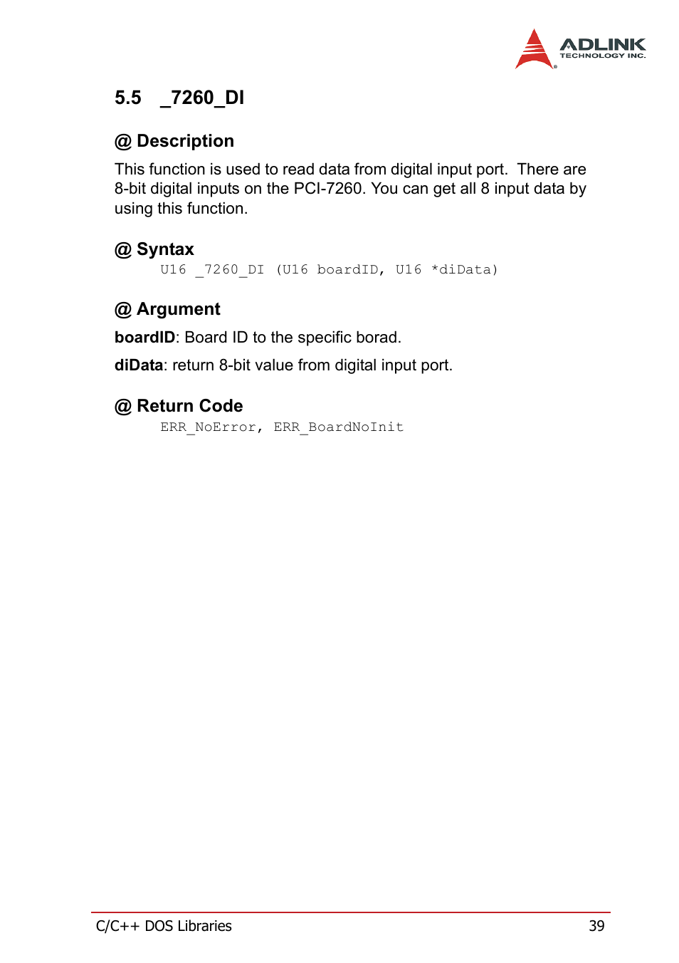 5 _7260_di, Description, Syntax | Argument, Return code, 7260_di, Description @ syntax @ argument @ return code | ADLINK PCI-7260 User Manual | Page 49 / 66