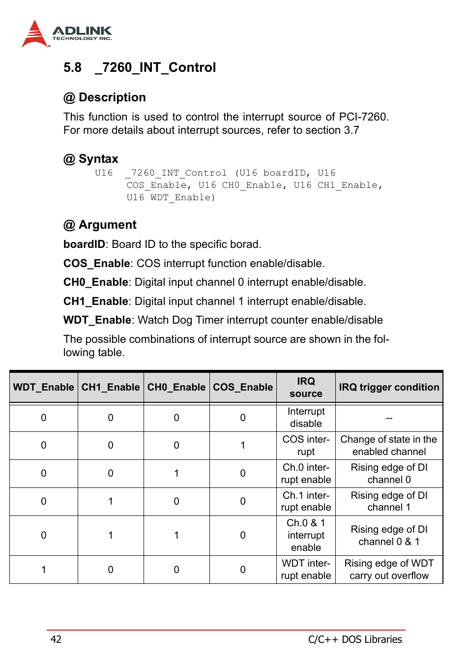 8 _7260_int_control, Description, Syntax | Argument, 7260_int_control, Description @ syntax | ADLINK PCI-7260 User Manual | Page 52 / 66