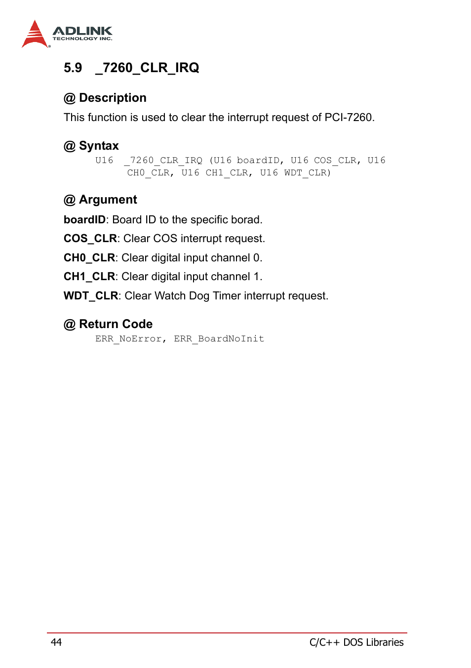 9 _7260_clr_irq, Description, Syntax | Argument, Return code, 7260_clr_irq, Description @ syntax @ argument @ return code | ADLINK PCI-7260 User Manual | Page 54 / 66