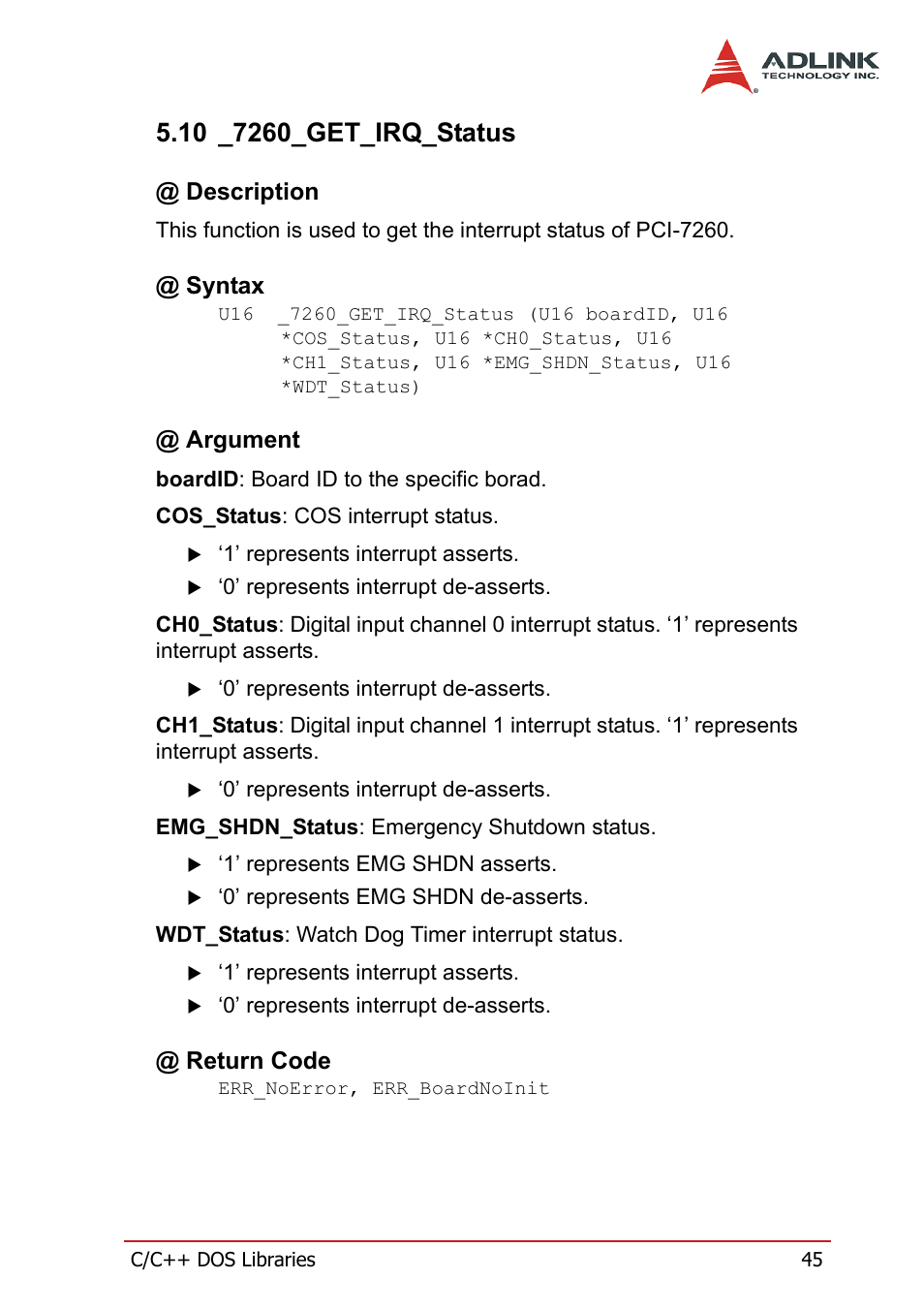 10 _7260_get_irq_status, Description, Syntax | Argument, Return code, Description @ syntax @ argument @ return code | ADLINK PCI-7260 User Manual | Page 55 / 66