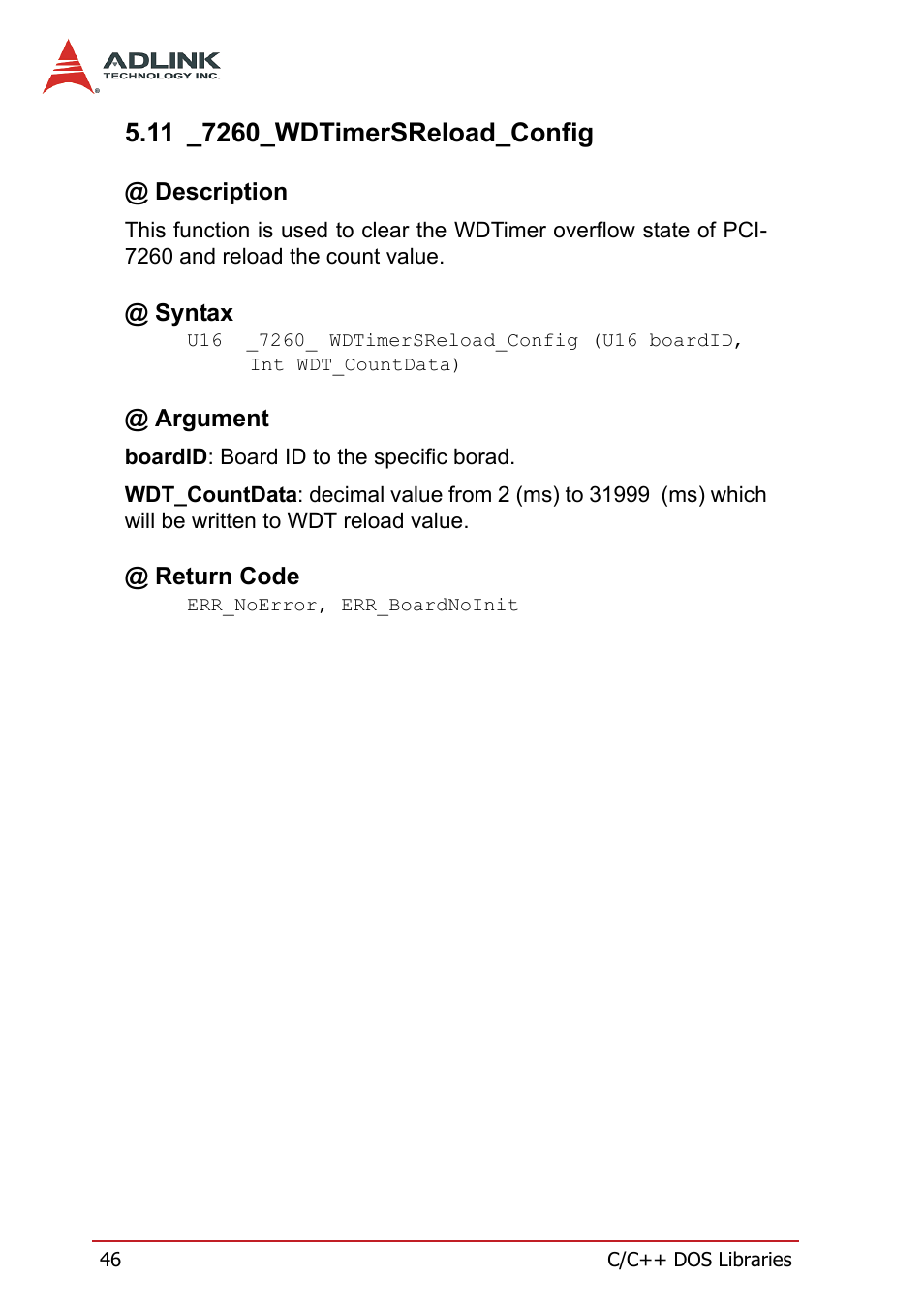 11 _7260_wdtimersreload_config, Description, Syntax | Argument, Return code, Description @ syntax @ argument @ return code | ADLINK PCI-7260 User Manual | Page 56 / 66