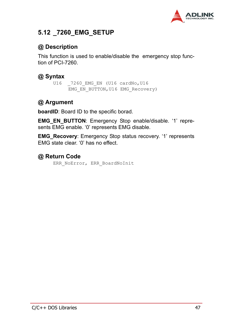 12 _7260_emg_setup, Description, Syntax | Argument, Return code, Description @ syntax @ argument @ return code | ADLINK PCI-7260 User Manual | Page 57 / 66