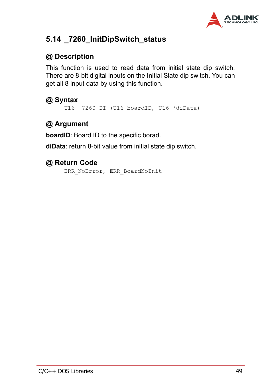 14 _7260_initdipswitch_status, Description, Syntax | Argument, Return code, Description @ syntax @ argument @ return code | ADLINK PCI-7260 User Manual | Page 59 / 66