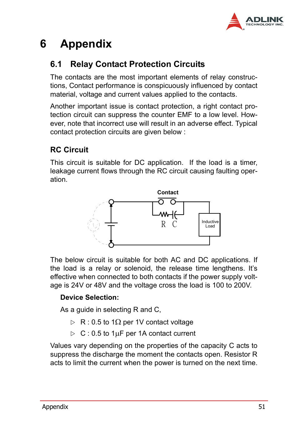 6 appendix, 1 relay contact protection circuits, Rc circuit | Relay contact protection circuits, 6appendix | ADLINK PCI-7260 User Manual | Page 61 / 66