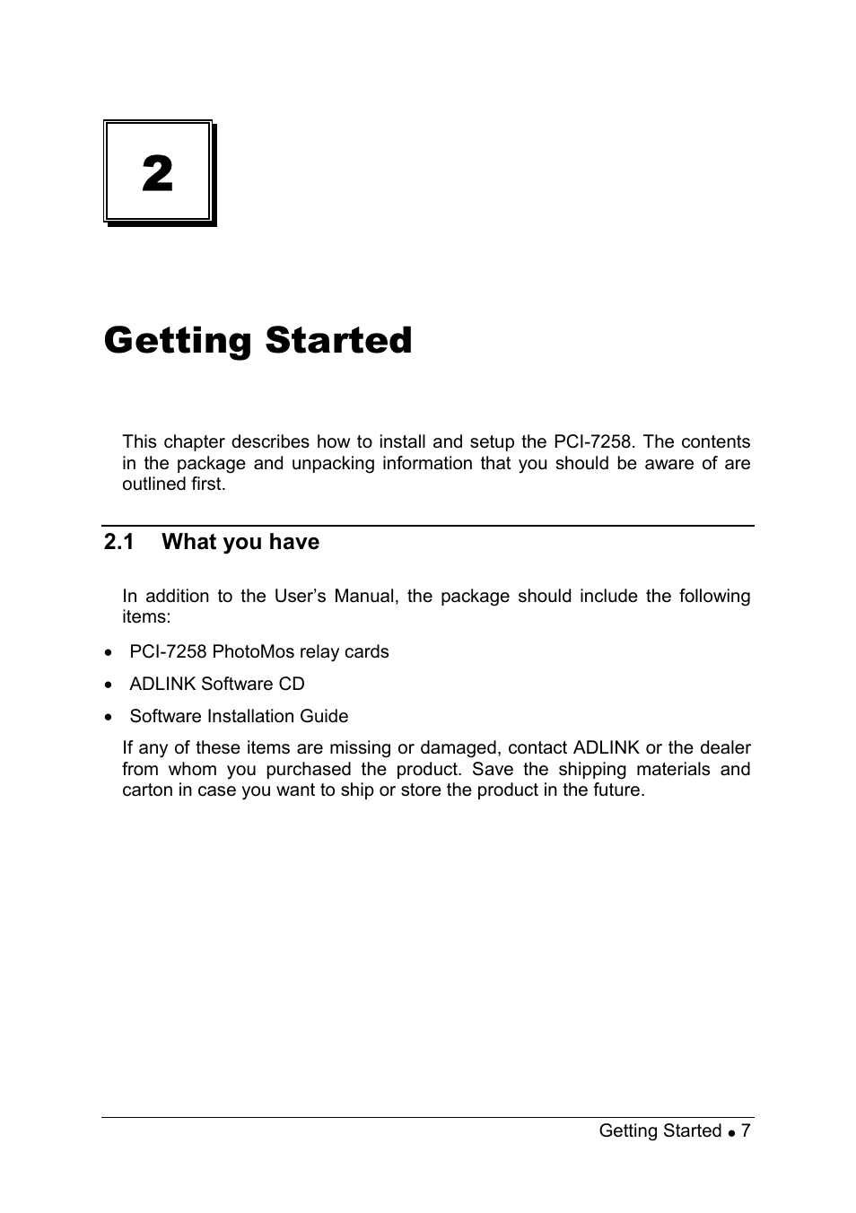 Getting started | ADLINK PCI-7258 User Manual | Page 15 / 38