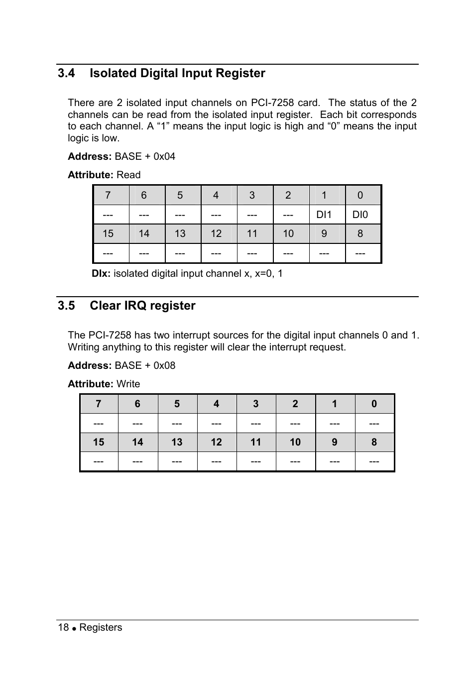 4 isolated digital input register, 5 clear irq register | ADLINK PCI-7258 User Manual | Page 26 / 38