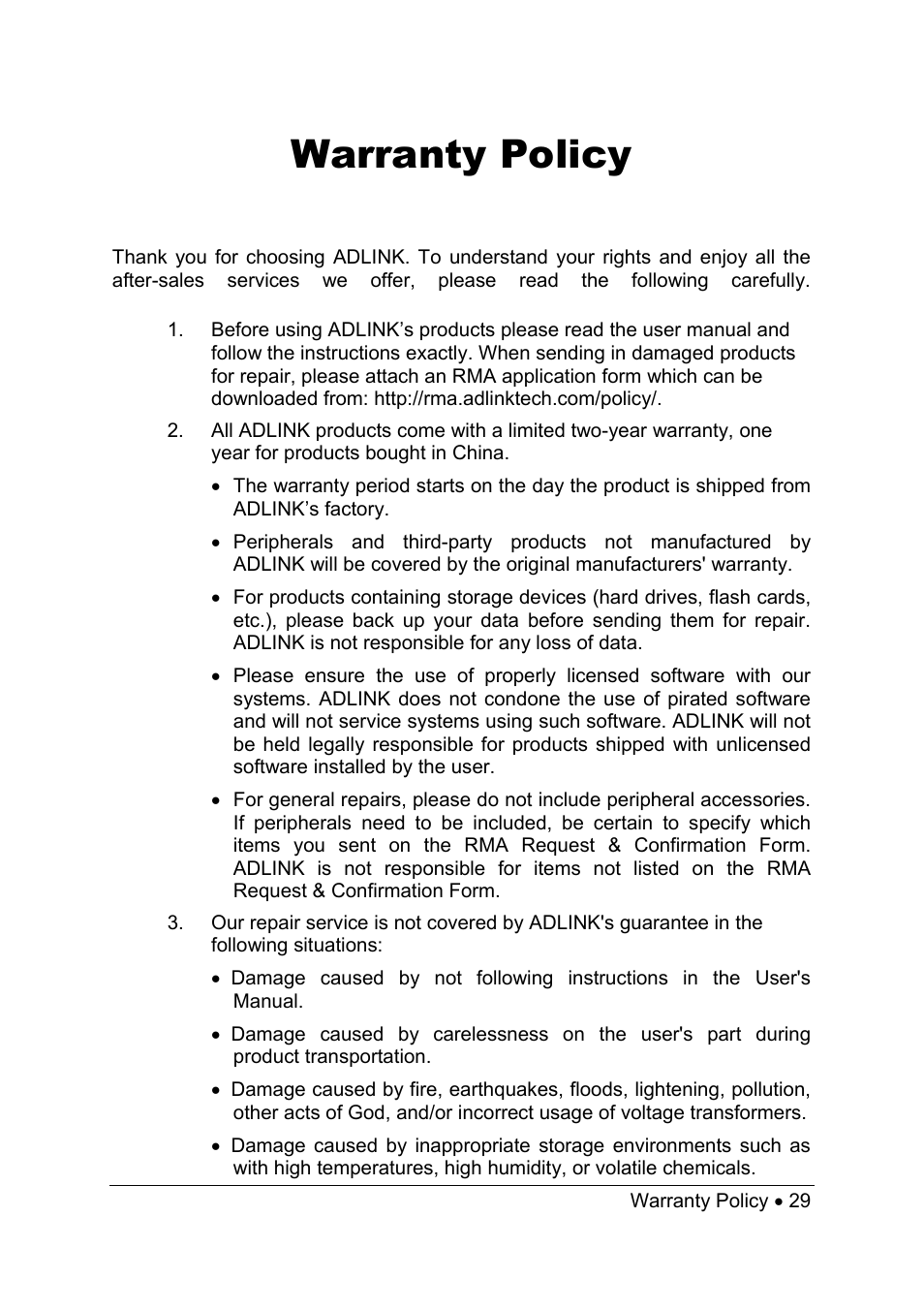 Warranty policy | ADLINK PCI-7258 User Manual | Page 37 / 38