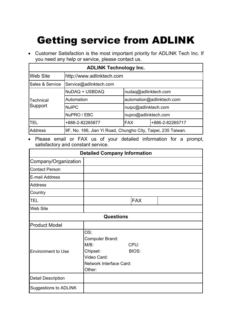Getting service from adlink | ADLINK PCI-7258 User Manual | Page 4 / 38