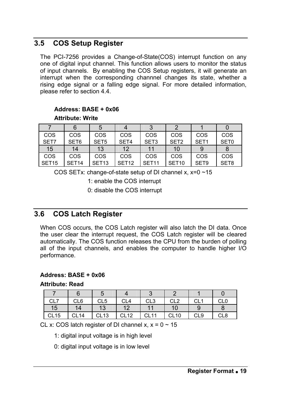 5 cos setup register, 6 cos latch register | ADLINK PCI-7256 User Manual | Page 27 / 48