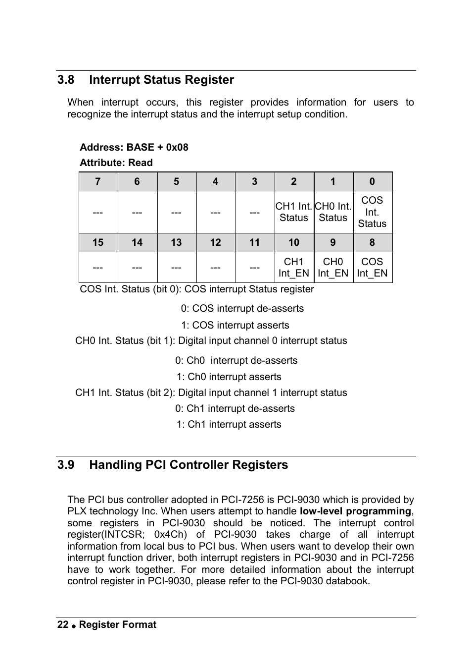 8 interrupt status register, 9 handling pci controller registers | ADLINK PCI-7256 User Manual | Page 30 / 48