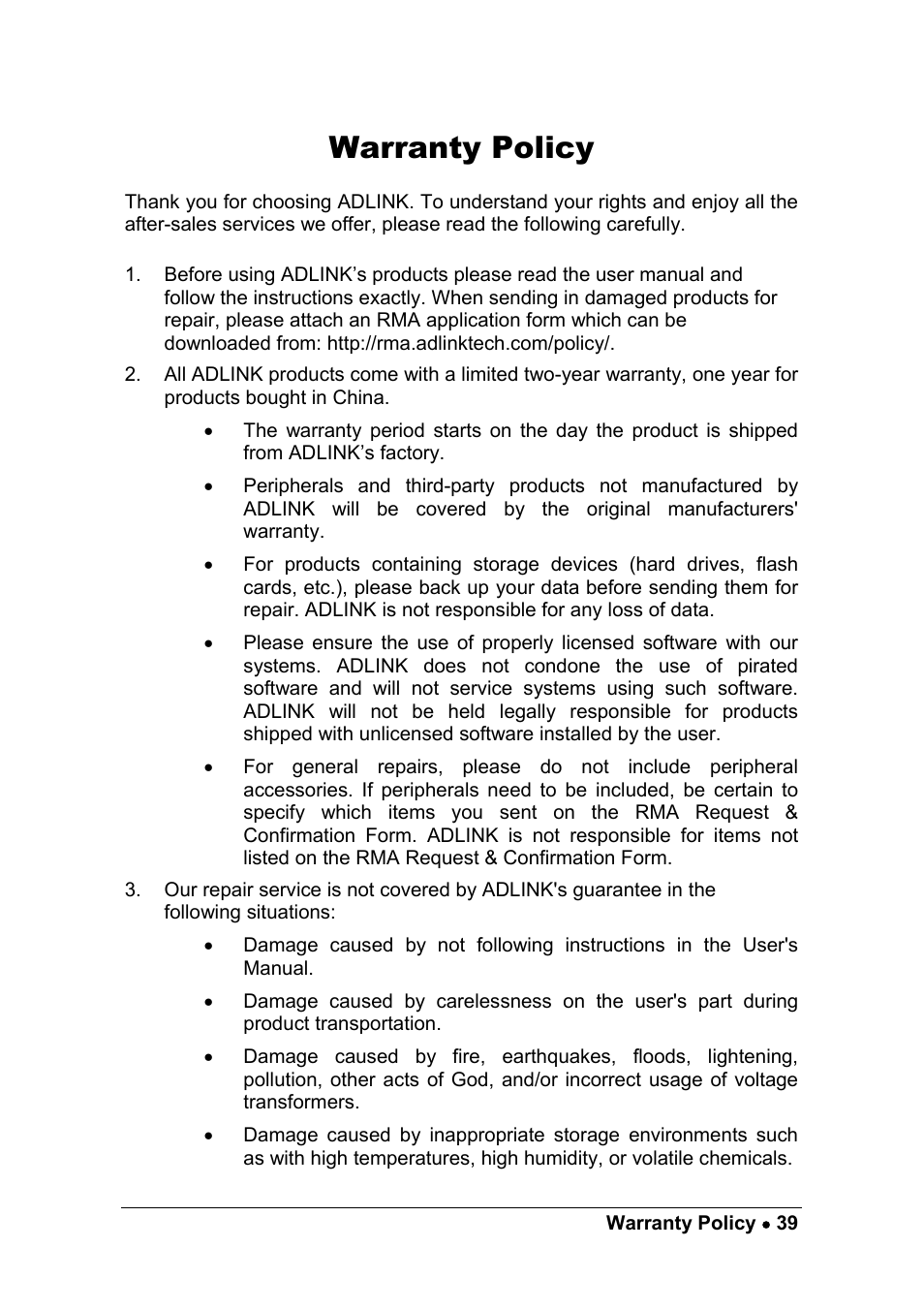 Warranty policy | ADLINK PCI-7256 User Manual | Page 47 / 48