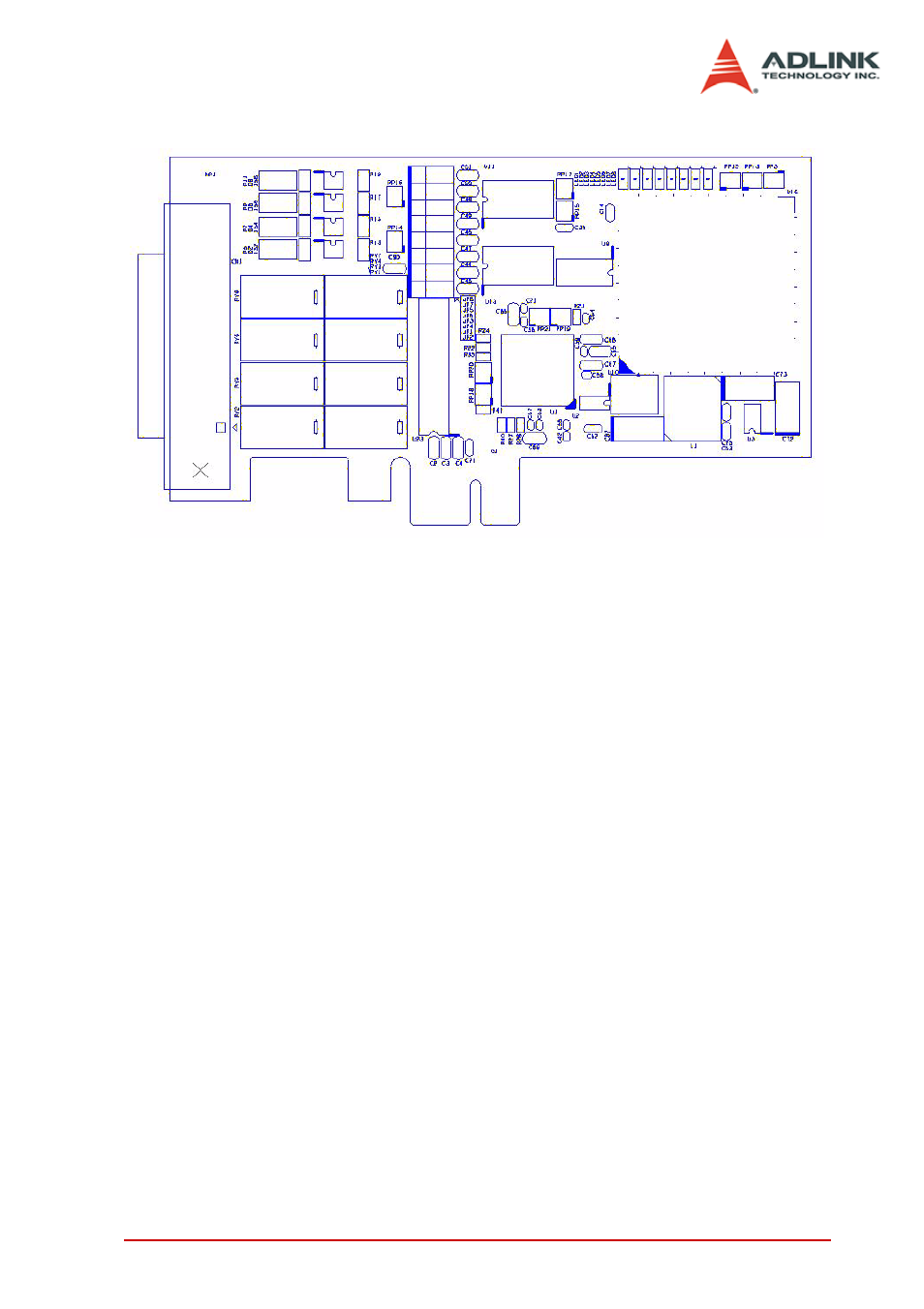 Lpcie-7250 pcb layout, Figure 2-4: lpcie-7250 pcb layout | ADLINK LPCI-7250 User Manual | Page 29 / 48