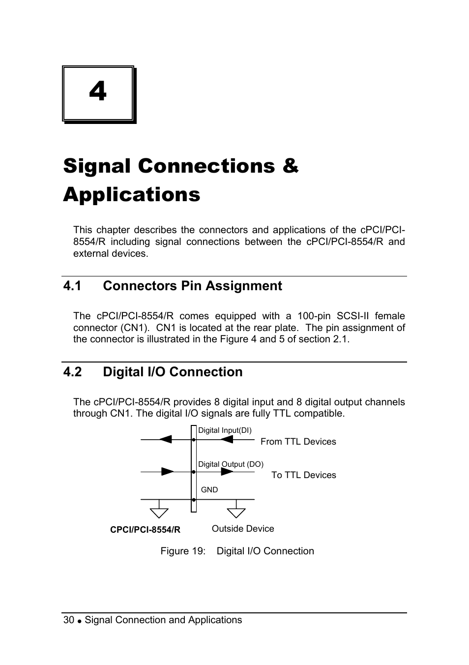 Signal connections & applications, 1 connectors pin assignment, 2 digital i/o connection | ADLINK PCI-8554 User Manual | Page 40 / 67