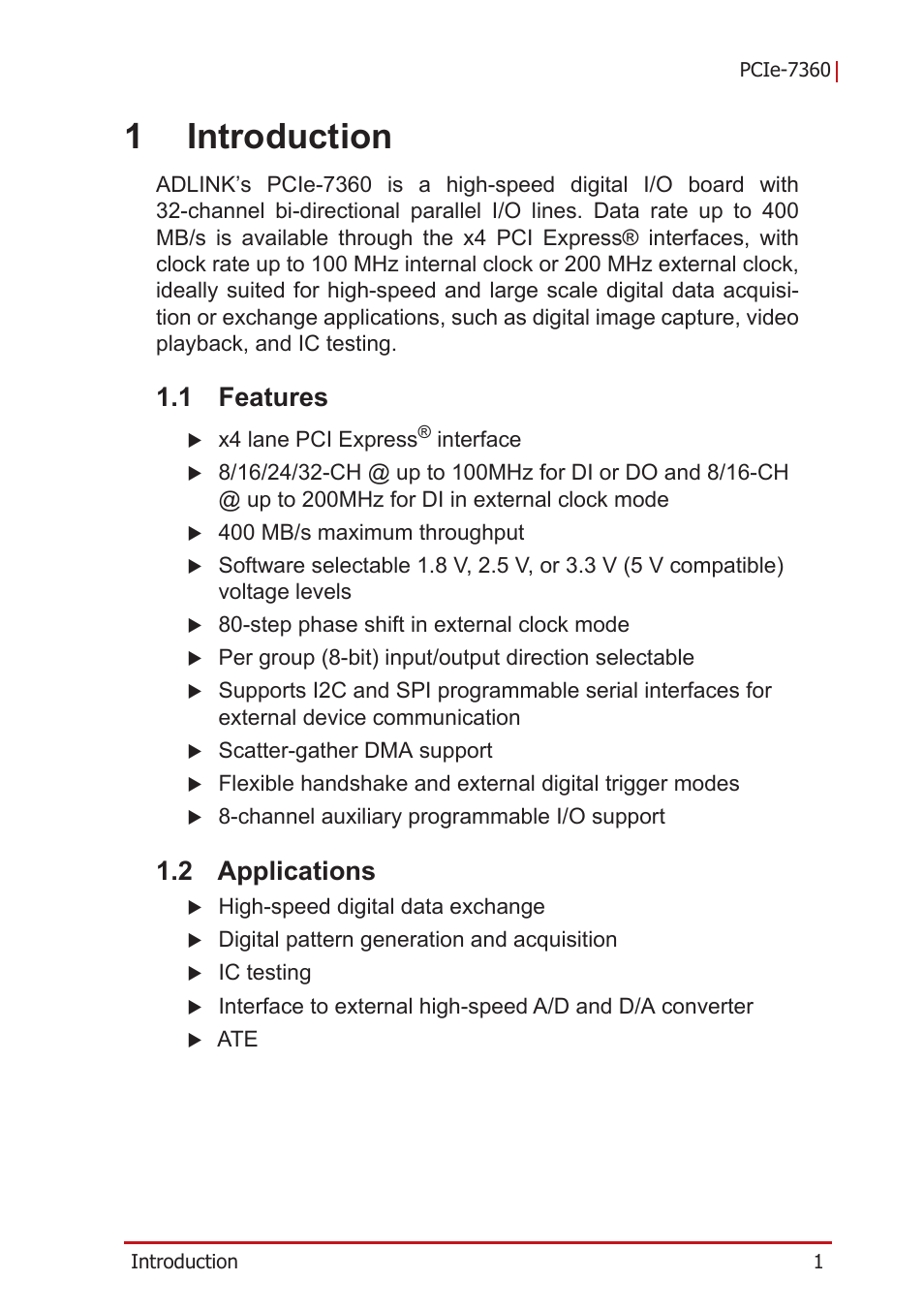 1 introduction, 1 features, 2 applications | Features, Applications, 1introduction | ADLINK PCIe-7360 User Manual | Page 11 / 94