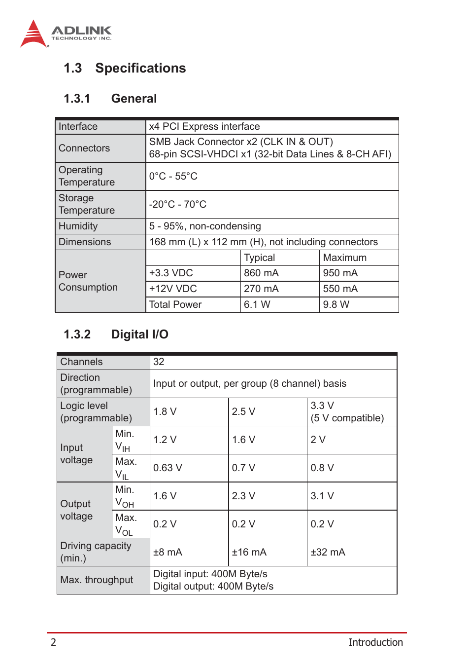 3 specifications, 1 general, 2 digital i/o | Specifications, 1 general 1.3.2 digital i/o | ADLINK PCIe-7360 User Manual | Page 12 / 94
