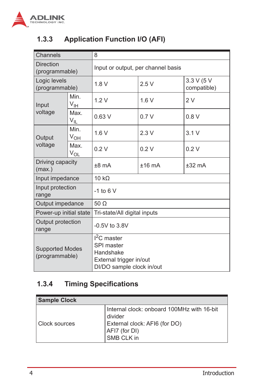 3 application function i/o (afi), 4 timing specifications | ADLINK PCIe-7360 User Manual | Page 14 / 94
