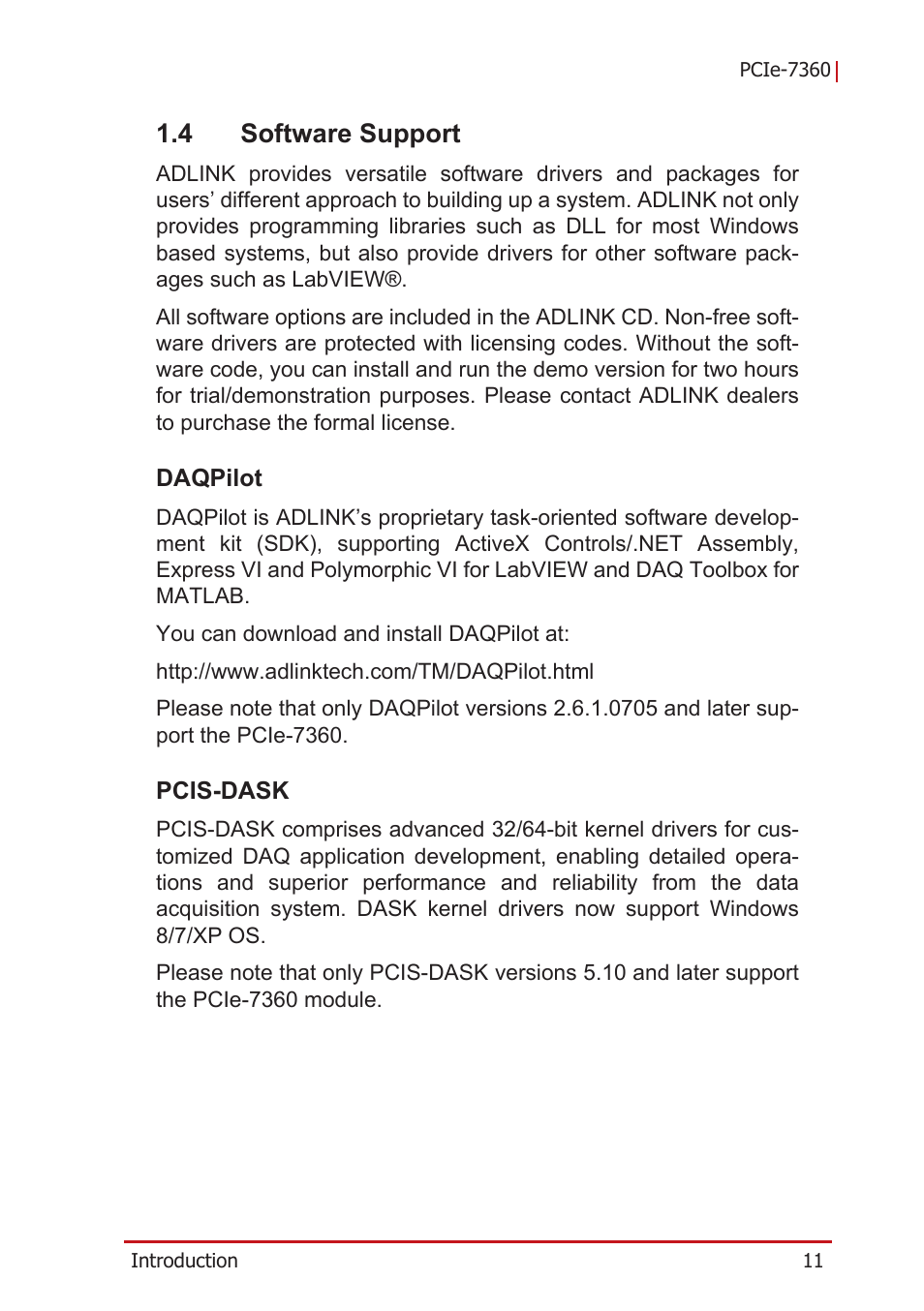 4 software support, Daqpilot, Pcis-dask | Software support, Daqpilot pcis-dask | ADLINK PCIe-7360 User Manual | Page 21 / 94