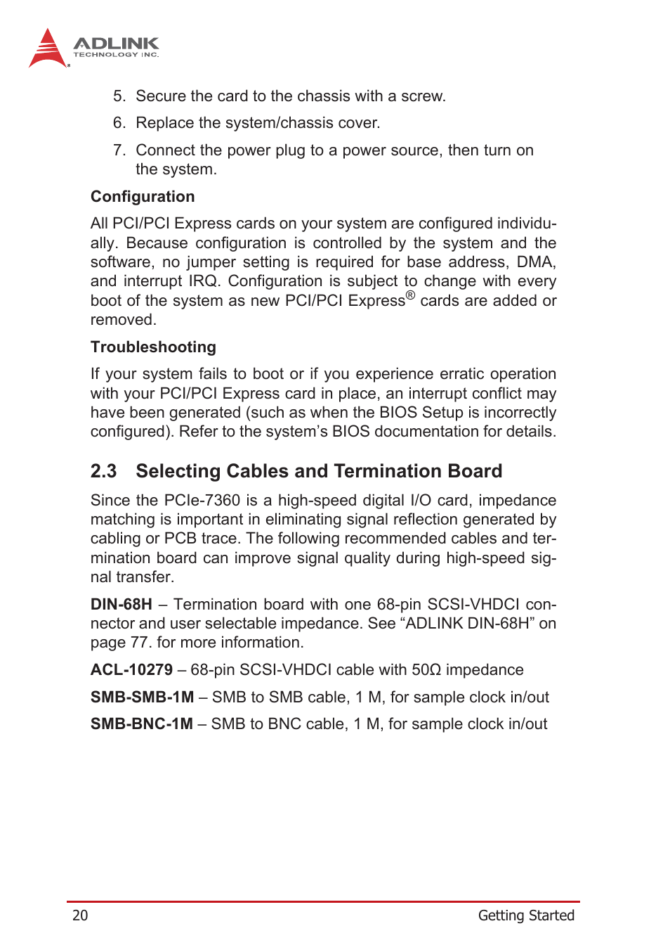 3 selecting cables and termination board, Selecting cables and termination board | ADLINK PCIe-7360 User Manual | Page 30 / 94