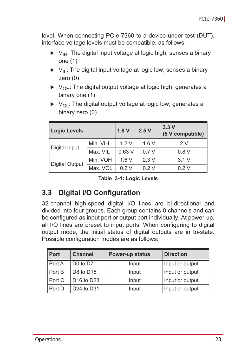 3 digital i/o configuration, Digital i/o configuration, Table 3-1: logic levels | ADLINK PCIe-7360 User Manual | Page 33 / 94